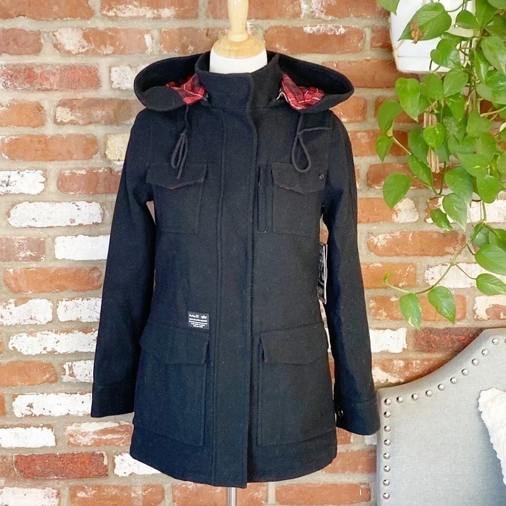 Hurley X Alpha IND Collaboration Black Wool Pea Coat NWT Size small RARE